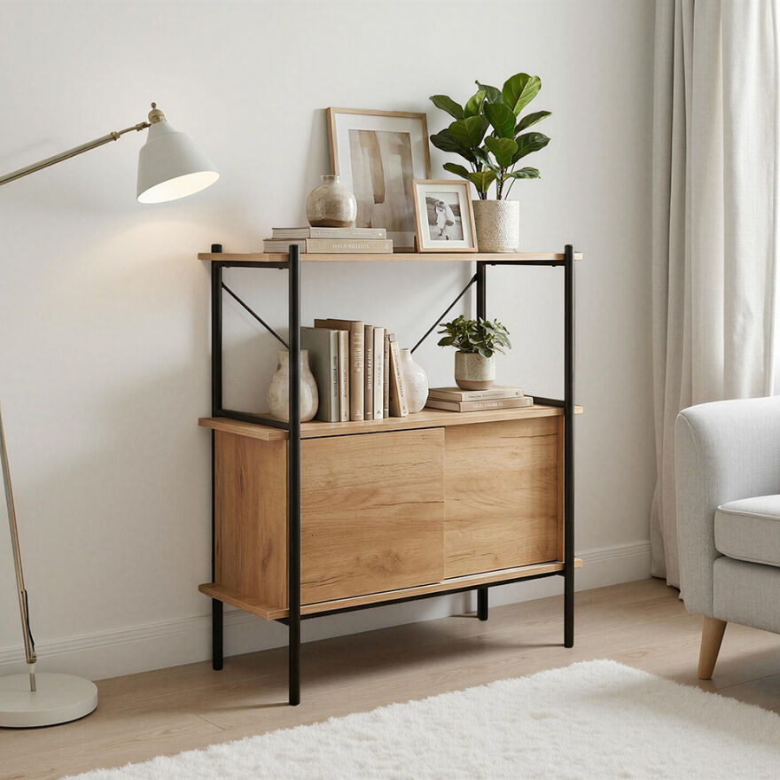 Retro 2 Raflı Sürgü Kapaklı Metal Kitaplık - Ceviz/Siyah 80x92x40 cm - 1