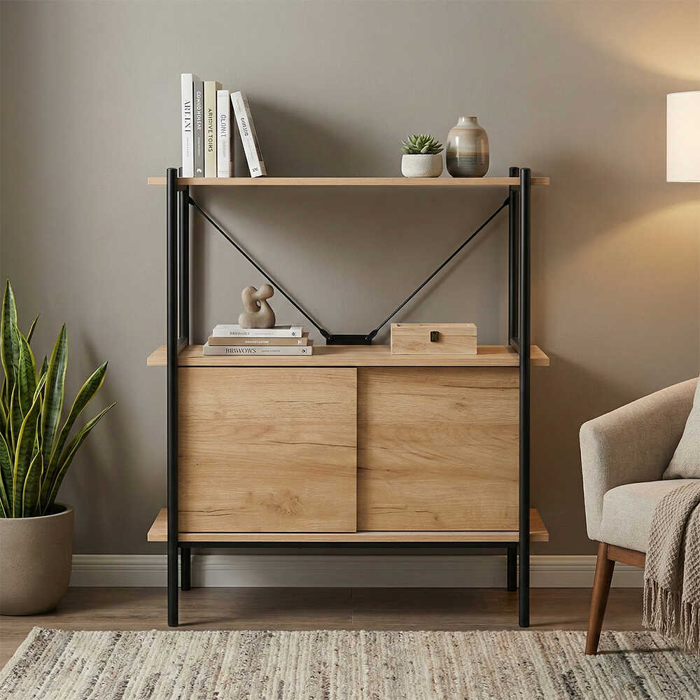 Retro 2 Raflı Sürgü Kapaklı Metal Kitaplık - Ceviz/Siyah 80x92x40 cm - Adore Mobilya (1)