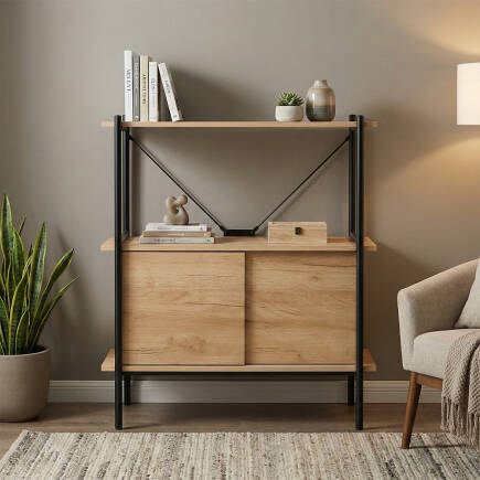 Retro 2 Raflı Sürgü Kapaklı Metal Kitaplık - Ceviz/Siyah 80x92x40 cm - Adore Mobilya (1)