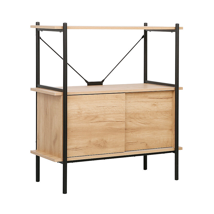 Retro 2 Raflı Sürgü Kapaklı Metal Kitaplık - Ceviz/Siyah 80x92x40 cm - 1