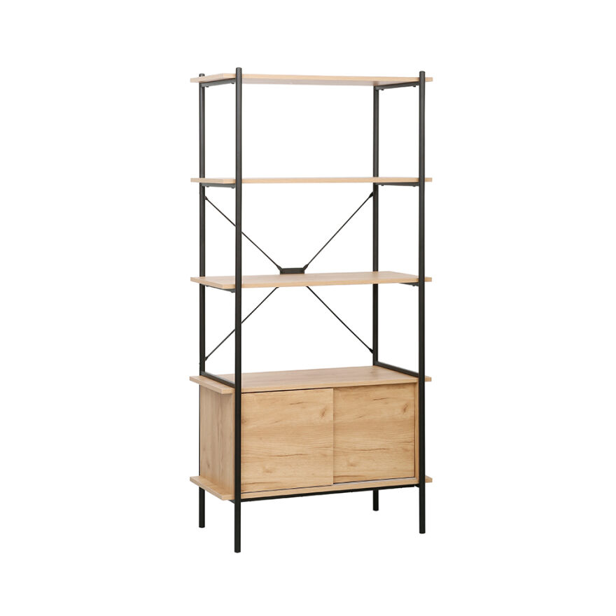 Retro 4 Raflı Sürgü Kapaklı Metal Kitaplık - Ceviz/Siyah 80x163x40 cm - 1