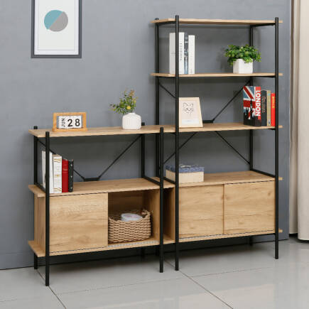 Retro 4 Raflı Sürgü Kapaklı Metal Kitaplık - Ceviz/Siyah 80x163x40 cm - Adore Mobilya (1)