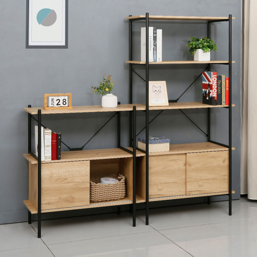 Retro 4 Raflı Sürgü Kapaklı Metal Kitaplık - Ceviz/Siyah 80x163x40 cm - 2