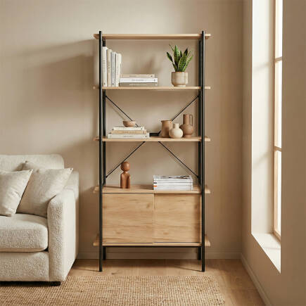 Retro 4 Raflı Sürgü Kapaklı Metal Kitaplık - Ceviz/Siyah 80x163x40 cm - Adore Mobilya (1)