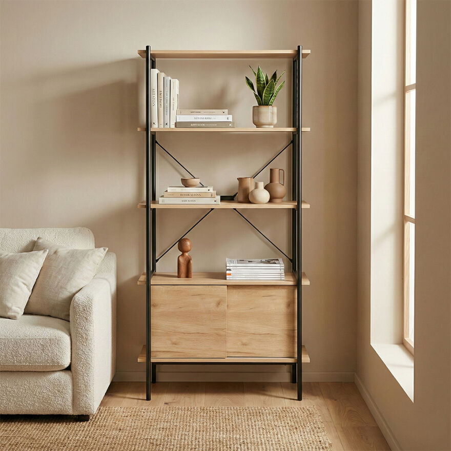 Retro 4 Raflı Sürgü Kapaklı Metal Kitaplık - Ceviz/Siyah 80x163x40 cm - 2