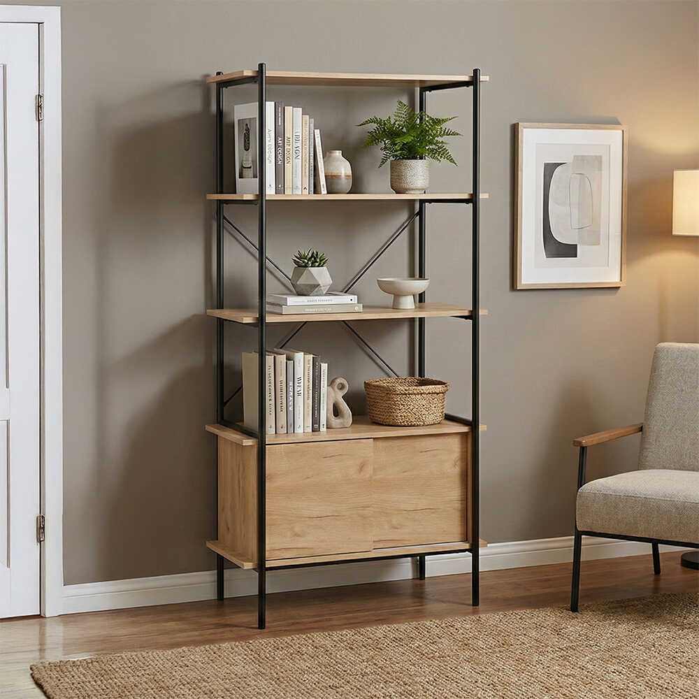 Retro 4 Raflı Sürgü Kapaklı Metal Kitaplık - Ceviz/Siyah 80x163x40 cm