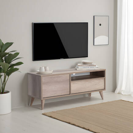 Retro Çekmeceli Tv Sehpası - Açık Ceviz (Tori) 120x50x40 cm (GxYxD) 