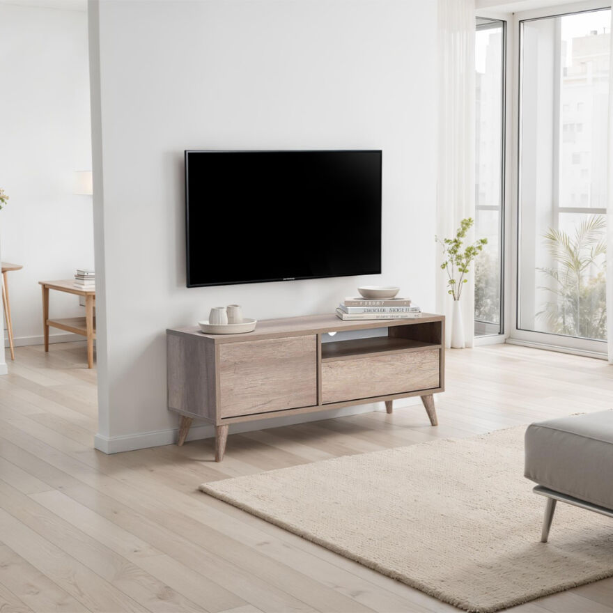 Retro Çekmeceli Tv Sehpası - Açık Ceviz (Tori) 120x50x40 cm (GxYxD) - 1