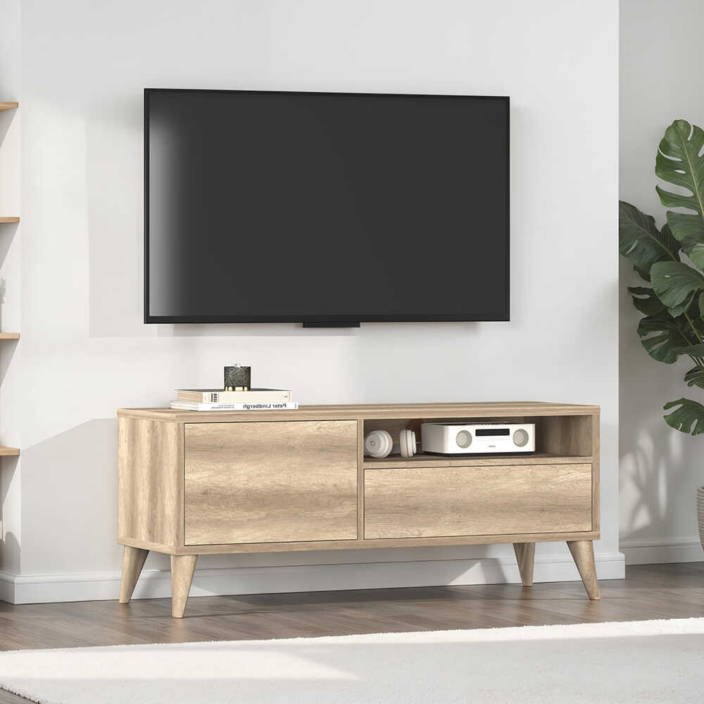 Retro Çekmeceli Tv Sehpası - Açık Ceviz (Tori) 120x50x40 cm (GxYxD) - Adore Mobilya
