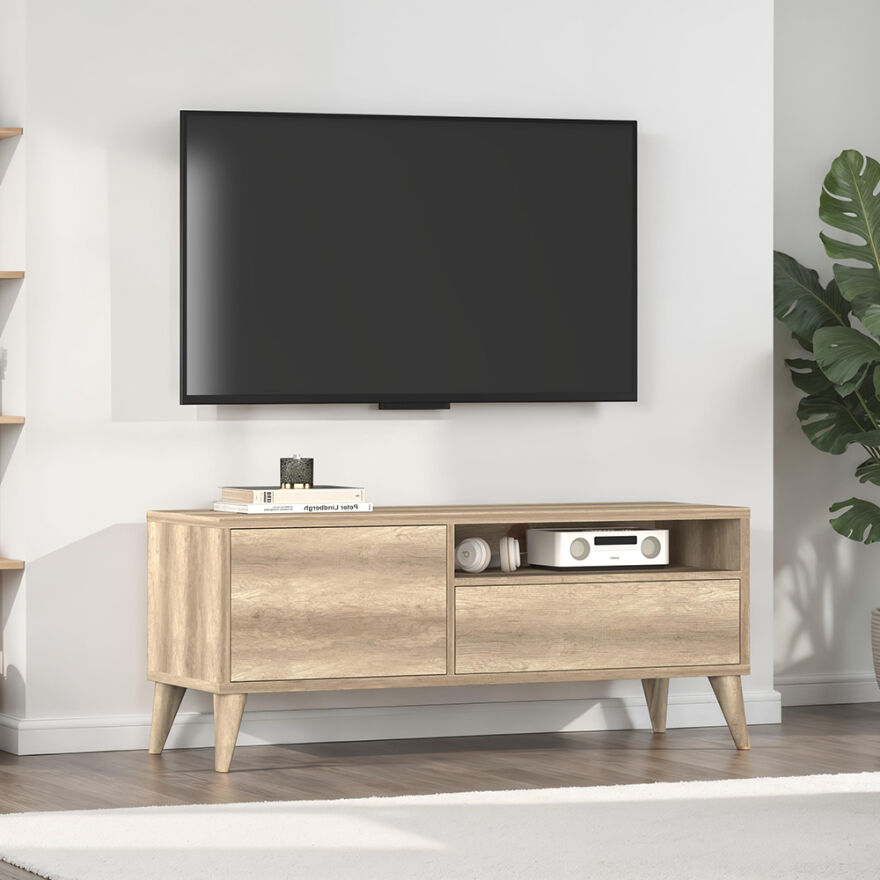 Retro Çekmeceli Tv Sehpası - Açık Ceviz (Tori) 120x50x40 cm (GxYxD) - 1