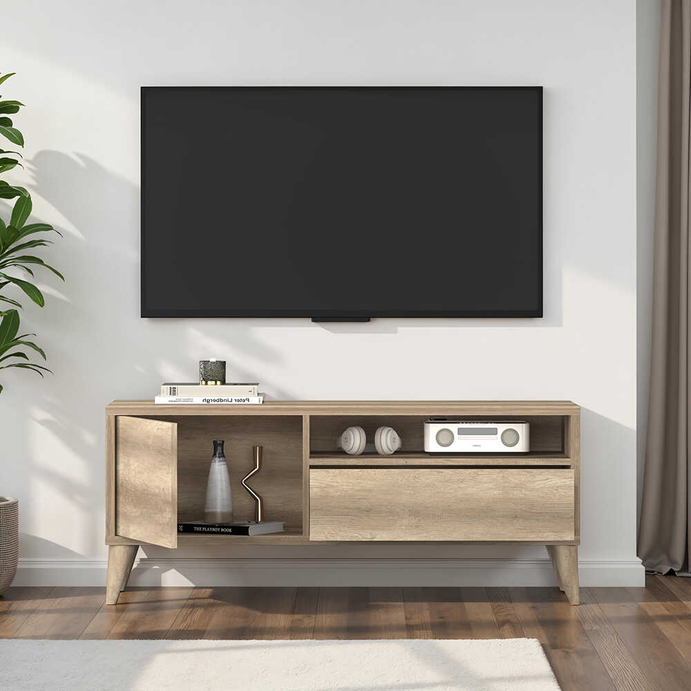 Retro Çekmeceli Tv Sehpası - Açık Ceviz (Tori) 120x50x40 cm (GxYxD) - Adore Mobilya (1)