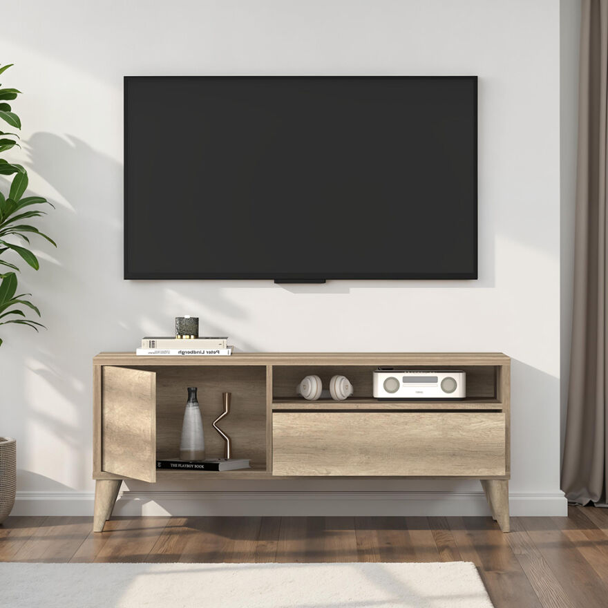 Retro Çekmeceli Tv Sehpası - Açık Ceviz (Tori) 120x50x40 cm (GxYxD) - 2