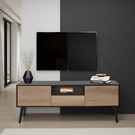 Retro Plus TV Sehpası-Siyah-Açık Ceviz(Tori) 160x58x41 cm ( GxYxD) - 1