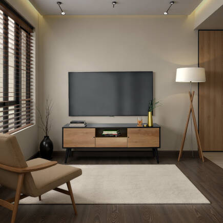 Retro Plus TV Sehpası-Siyah-Açık Ceviz(Tori) 160x58x41 cm ( GxYxD) - 4