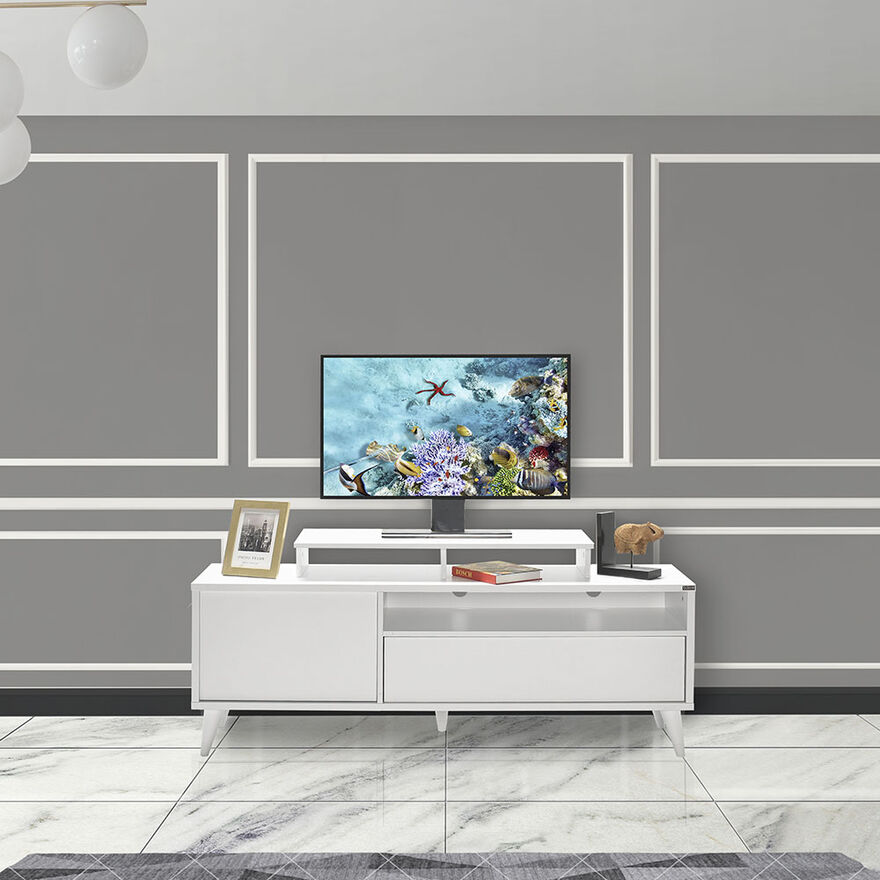 Retro Wide Tv Sehpası - Mat Lake Beyaz 150x53x40 cm (GxYxD) - 6