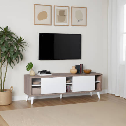 Retro Wide Slide TV Sehpası-Latte-Soft Beyaz 150x50x40 cm (GxYxD) - 6