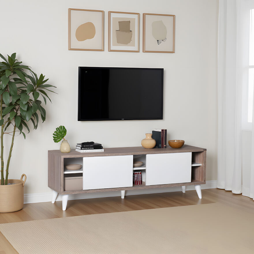 Retro Wide Slide TV Sehpası-Latte-Soft Beyaz 150x50x40 cm (GxYxD) - 6