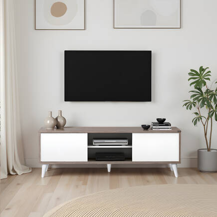 Retro Wide Slide TV Sehpası-Latte-Soft Beyaz 150x50x40 cm (GxYxD) - 1