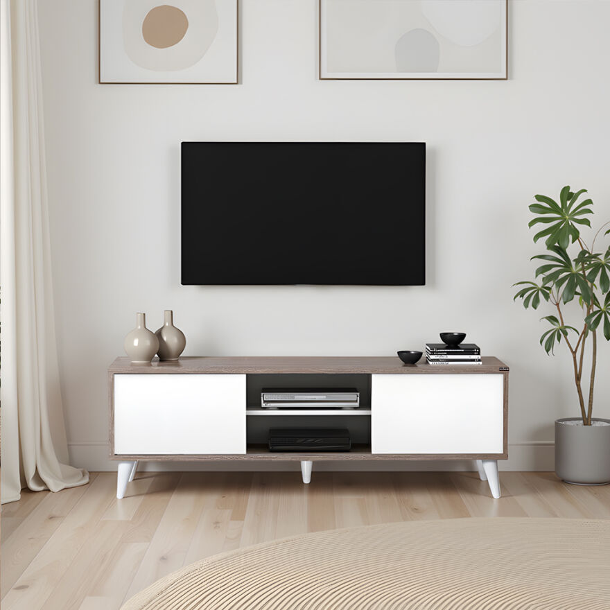 Retro Wide Slide TV Sehpası-Latte-Soft Beyaz 150x50x40 cm (GxYxD) - 1