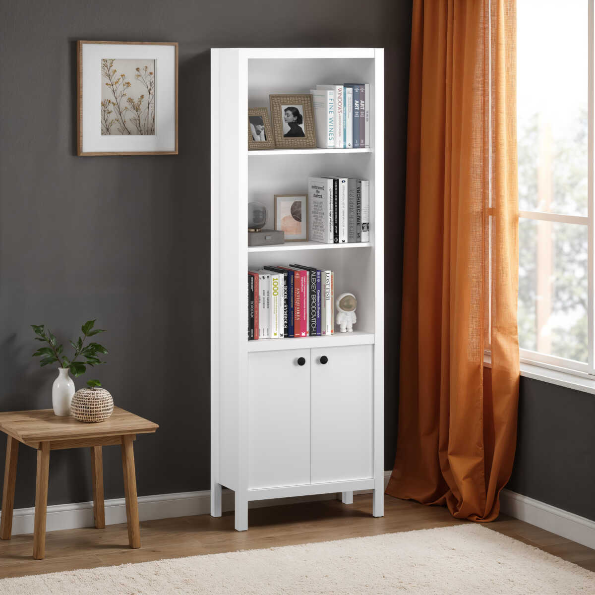 Rustik 5 Raflı Kapaklı Kitaplık-Mat Beyaz 66x196x32 cm (GxYxD)