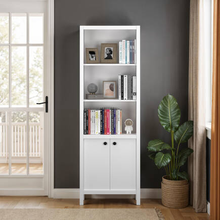 Rustik 5 Raflı Kapaklı Kitaplık-Mat Beyaz 66x196x32 cm (GxYxD) - 2