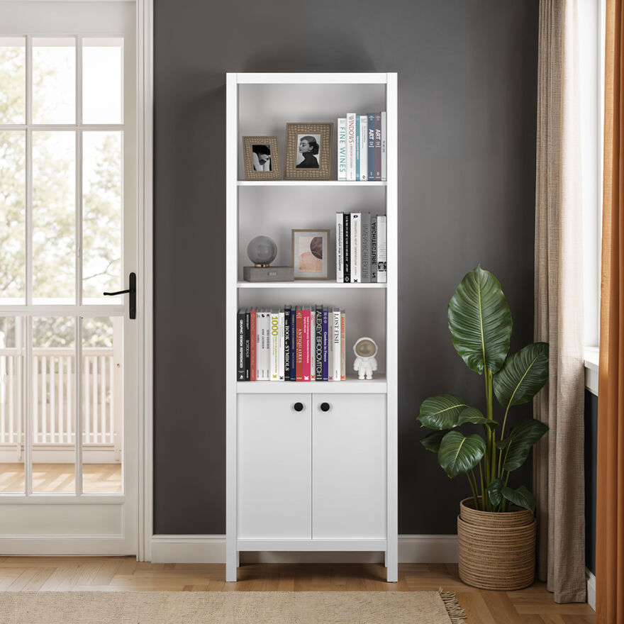 Rustik 5 Raflı Kapaklı Kitaplık-Mat Beyaz 66x196x32 cm (GxYxD) - 2