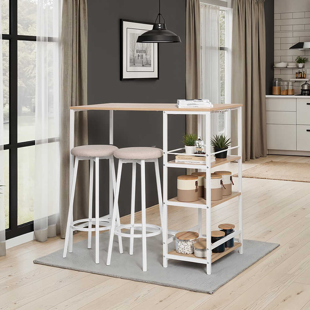 Step-Up 2 Tabureli Yüksek Ayaklı Raflı Mutfak Masa Takımı - Beyaz 100x100x50