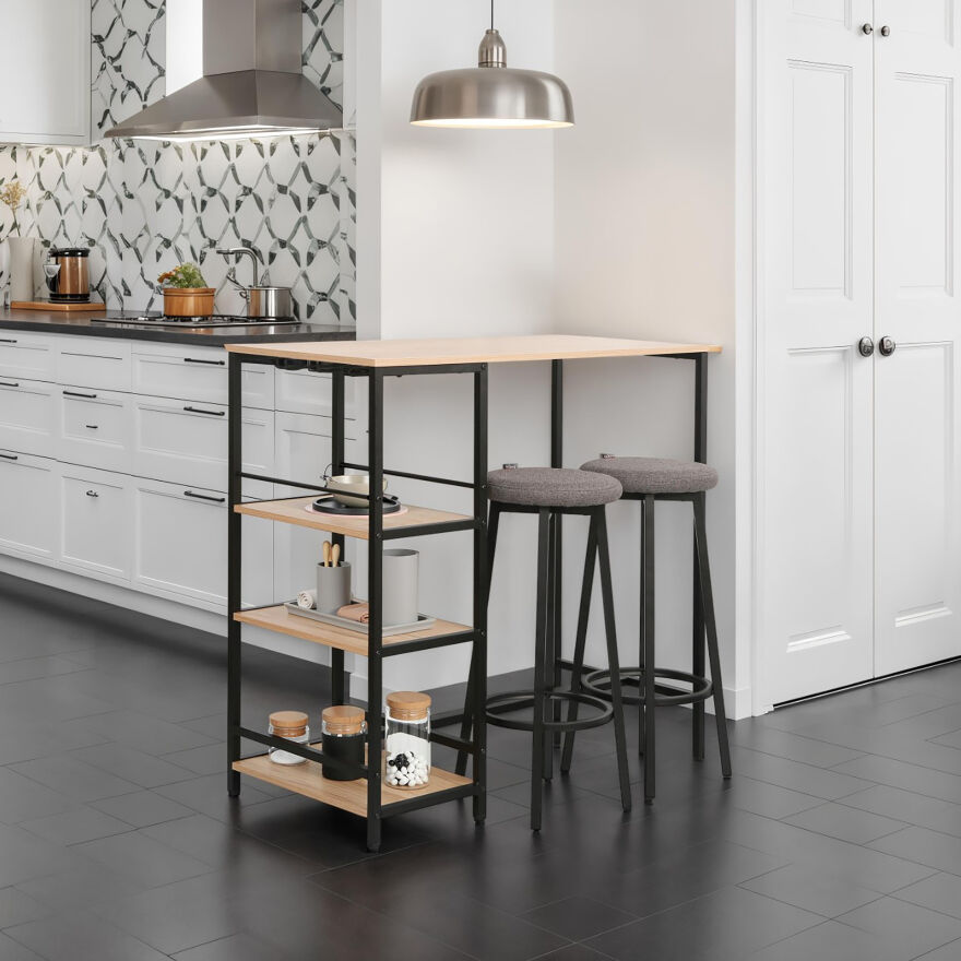 Step-Up 2 Tabureli Yüksek Ayaklı Raflı Yemek Masası Ceviz/Siyah 100x50x100 - 4