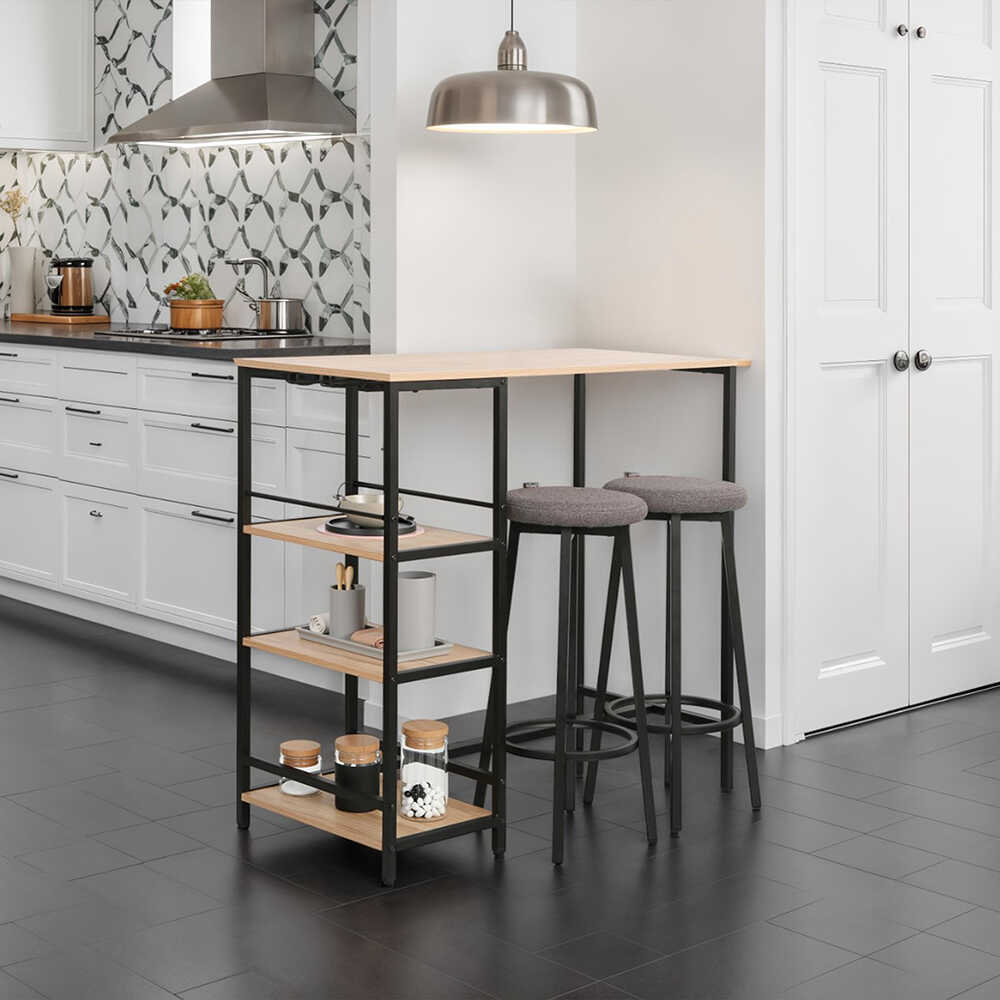 Step-Up 2 Tabureli Yüksek Ayaklı Raflı Yemek Masası Ceviz/Siyah 100x100x50