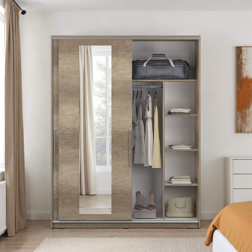 Sürgü Aynalı Gardırop-Açık Ceviz 160x207x60 cm (GxYxD) - 4