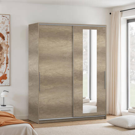 Sürgü Aynalı Gardırop-Açık Ceviz 160x207x60 cm (GxYxD) - Adore Mobilya
