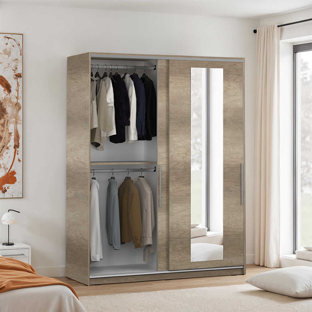 Sürgü Aynalı Gardırop-Açık Ceviz 160x207x60 cm (GxYxD) - Adore Mobilya (1)