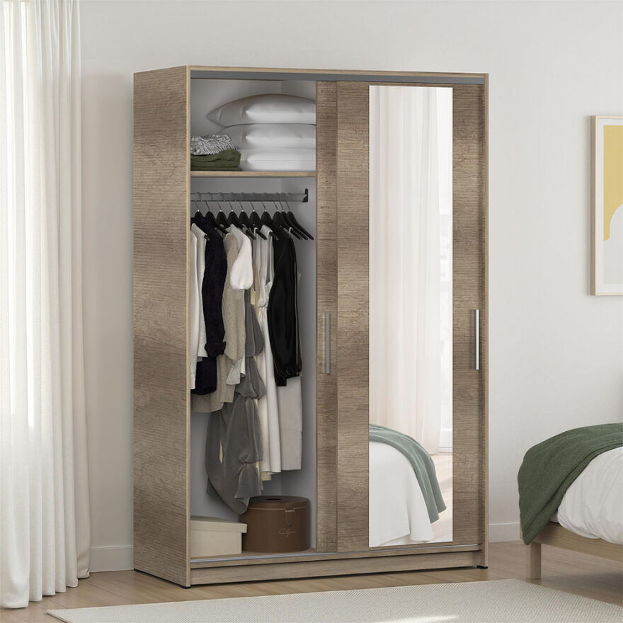 Sürgülü Aynalı Gardırop-Açık Ceviz (Tori) 120x182x52 cm (GxYxD) - 2