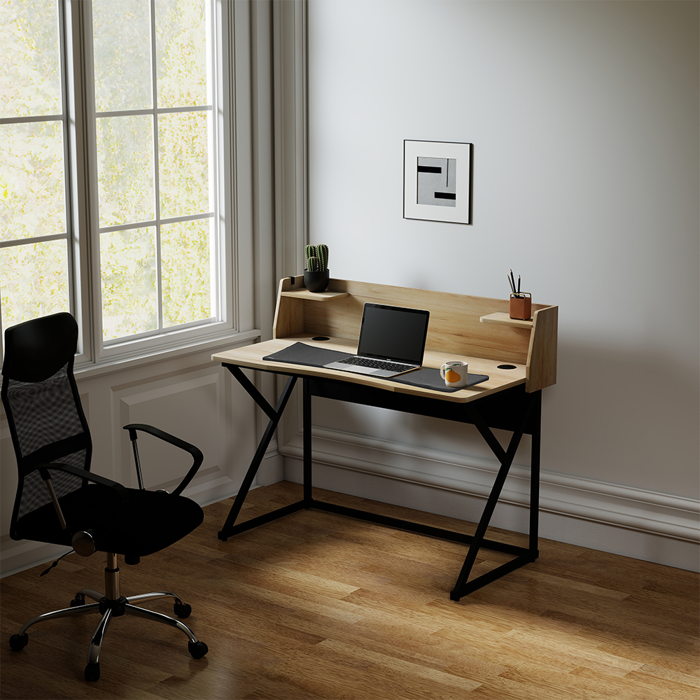 T-Cross Raflı Çalışma Masası - Ceviz/Siyah 115,5x106x55 cm - Adore Mobilya