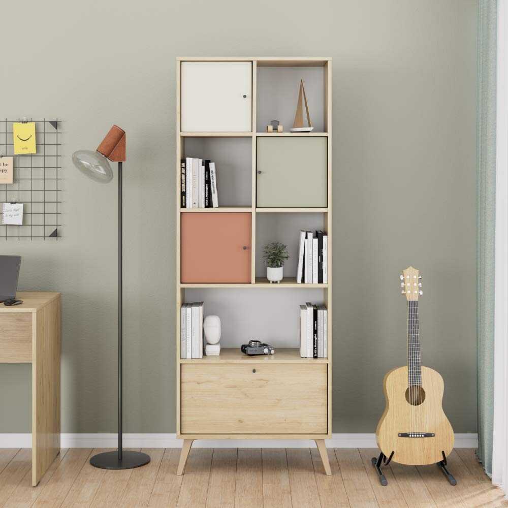 Terra 4 Kapaklı Kitaplık-Florida Meşe/Karışık Renk 67x181x30 cm - Adore Mobilya