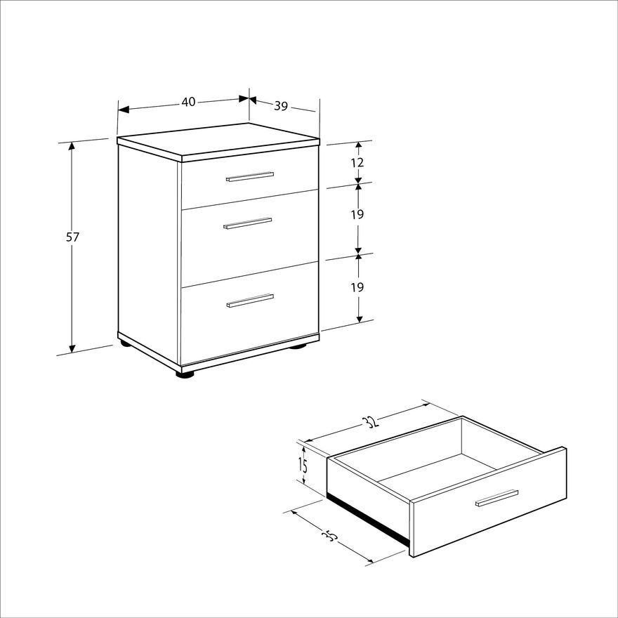 Trendline 3 Çekmeceli Komodin-Mat Beyaz 40x57x39 cm (GxYxD) - 7