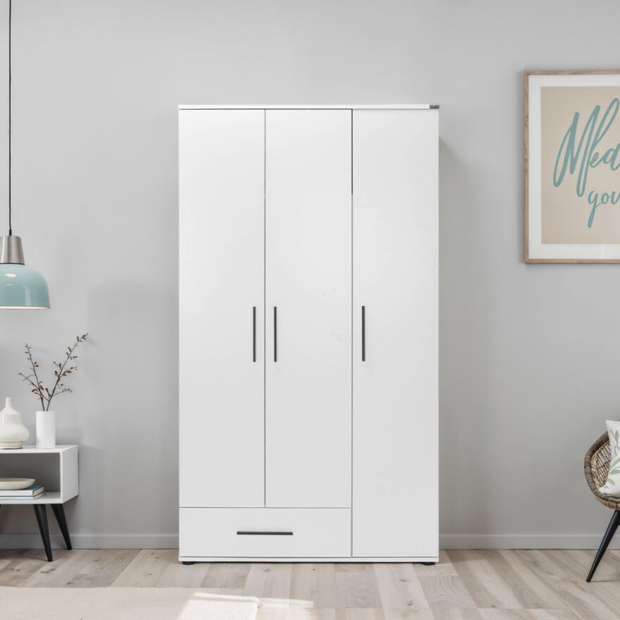 White 3 Kapaklı Tek Çekmeceli Gardırop-Mat Beyaz 103x187x52 cm (GxYxD) - 1