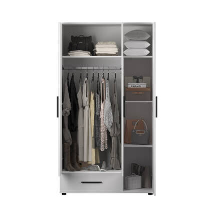 White 3 Kapaklı Tek Çekmeceli Gardırop-Mat Beyaz 103x187x52 cm (GxYxD) - 6