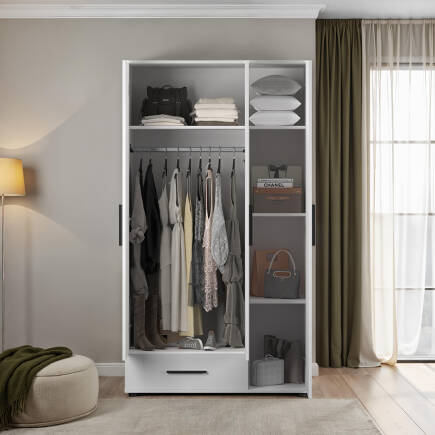 White 3 Kapaklı Tek Çekmeceli Gardırop-Mat Beyaz 103x187x52 cm (GxYxD) - 4