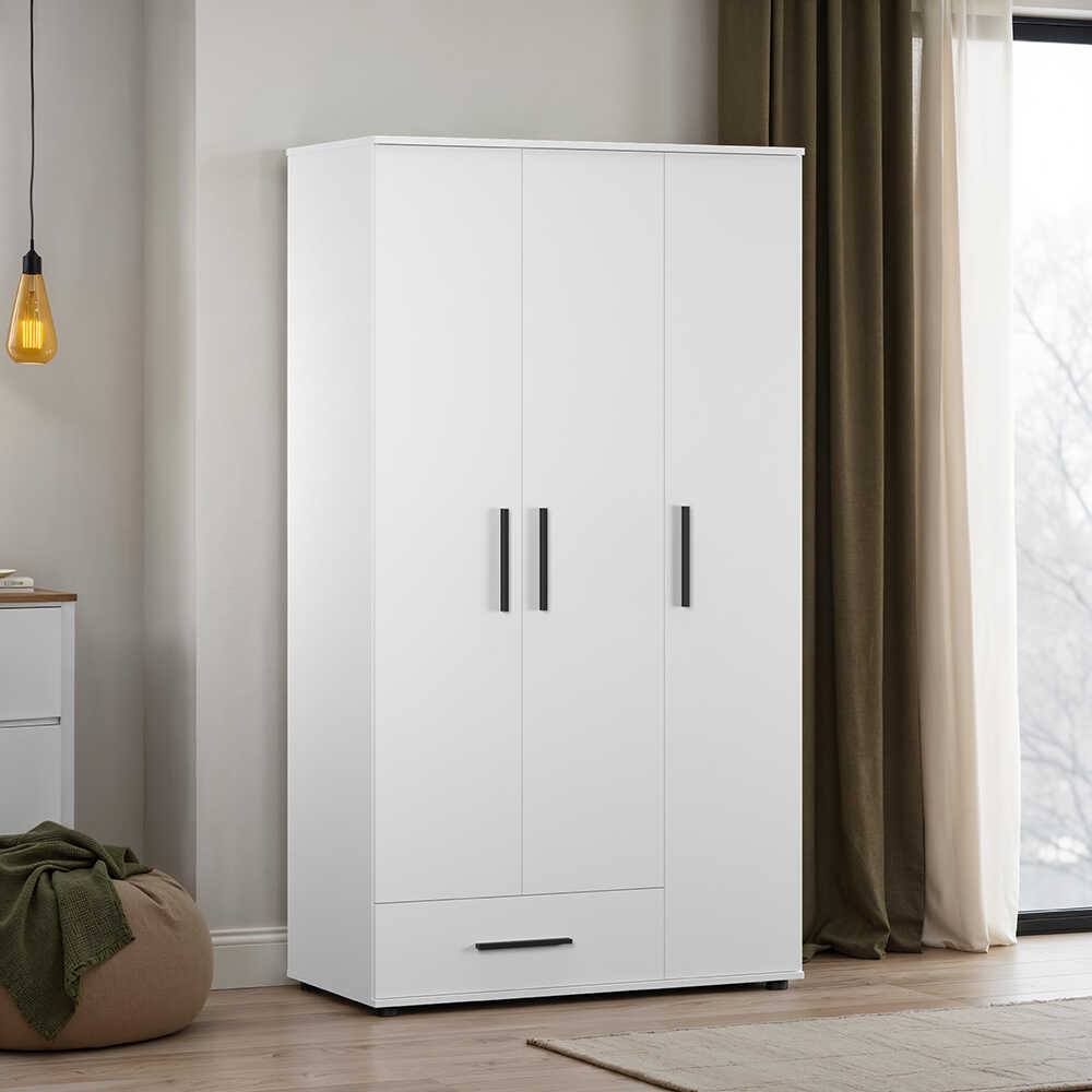 White 3 Kapaklı Tek Çekmeceli Gardırop-Mat Beyaz 103x187x52 cm (GxYxD)