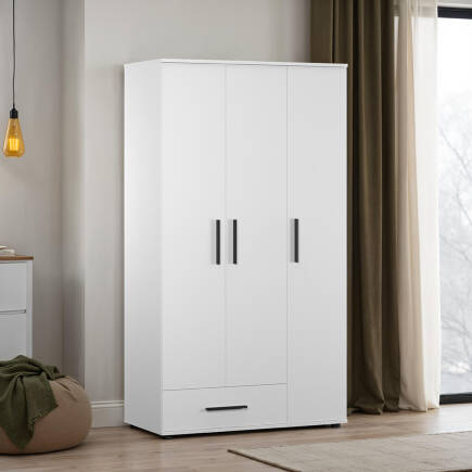 White 3 Kapaklı Tek Çekmeceli Gardırop-Mat Beyaz 103x187x52 cm (GxYxD) - Adore Mobilya