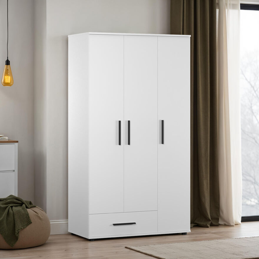 White 3 Kapaklı Tek Çekmeceli Gardırop-Mat Beyaz 103x187x52 cm (GxYxD) - 1