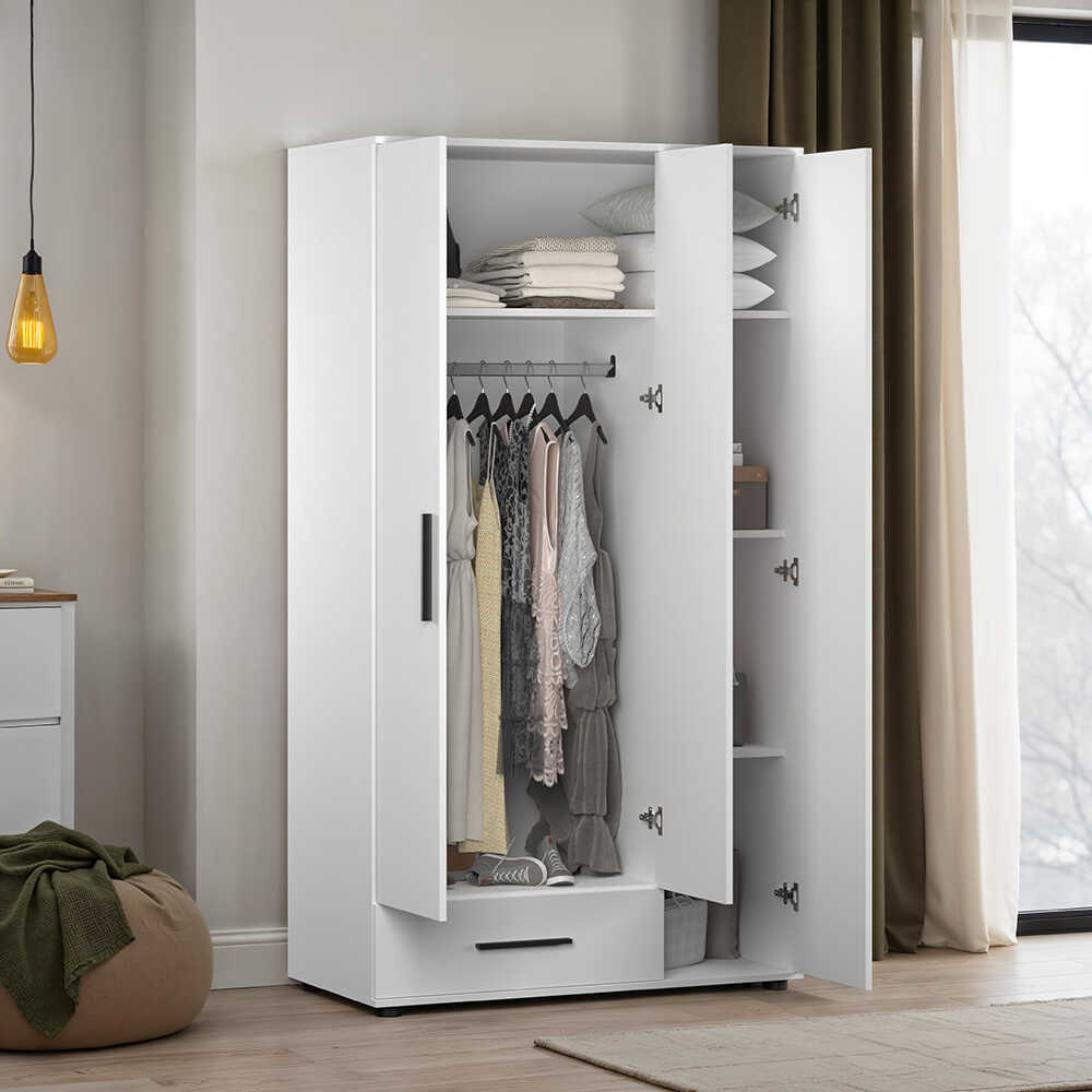 White 3 Kapaklı Tek Çekmeceli Gardırop-Mat Beyaz 103x187x52 cm (GxYxD) - Adore Mobilya (1)