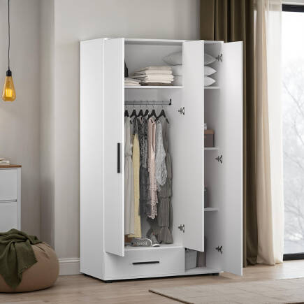 White 3 Kapaklı Tek Çekmeceli Gardırop-Mat Beyaz 103x187x52 cm (GxYxD) - Adore Mobilya (1)