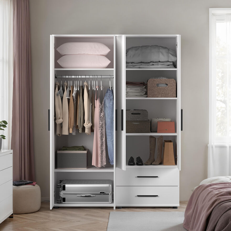 White 4 Kapaklı 2 Çekmeceli Gardırop-Mat Beyaz 137x187x52 cm (GxYxD) - 4