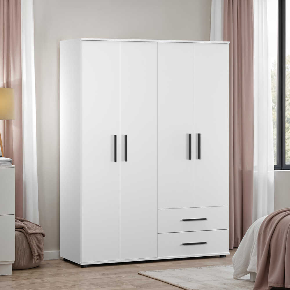 White 4 Kapaklı 2 Çekmeceli Gardırop-Mat Beyaz 137x187x52 cm (GxYxD) - Adore Mobilya