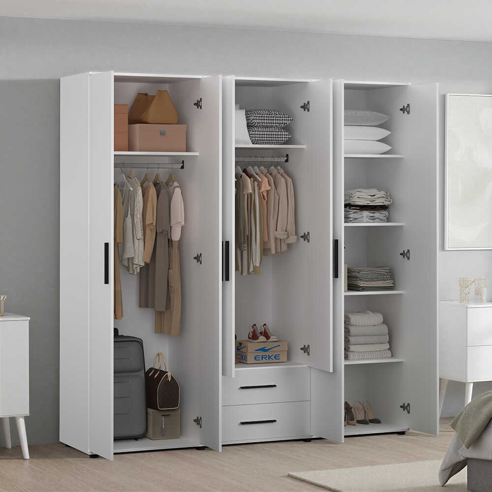 White 6 Kapaklı 2 Çekmeceli Gardırop-Mat Beyaz 206x213x52 cm (GxYxD) - Adore Mobilya (1)
