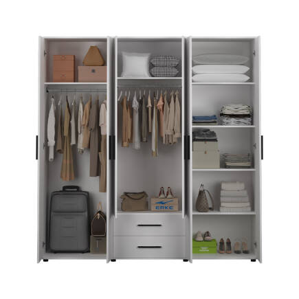 White 6 Kapaklı 2 Çekmeceli Gardırop-Mat Beyaz 206x213x52 cm (GxYxD) - 5