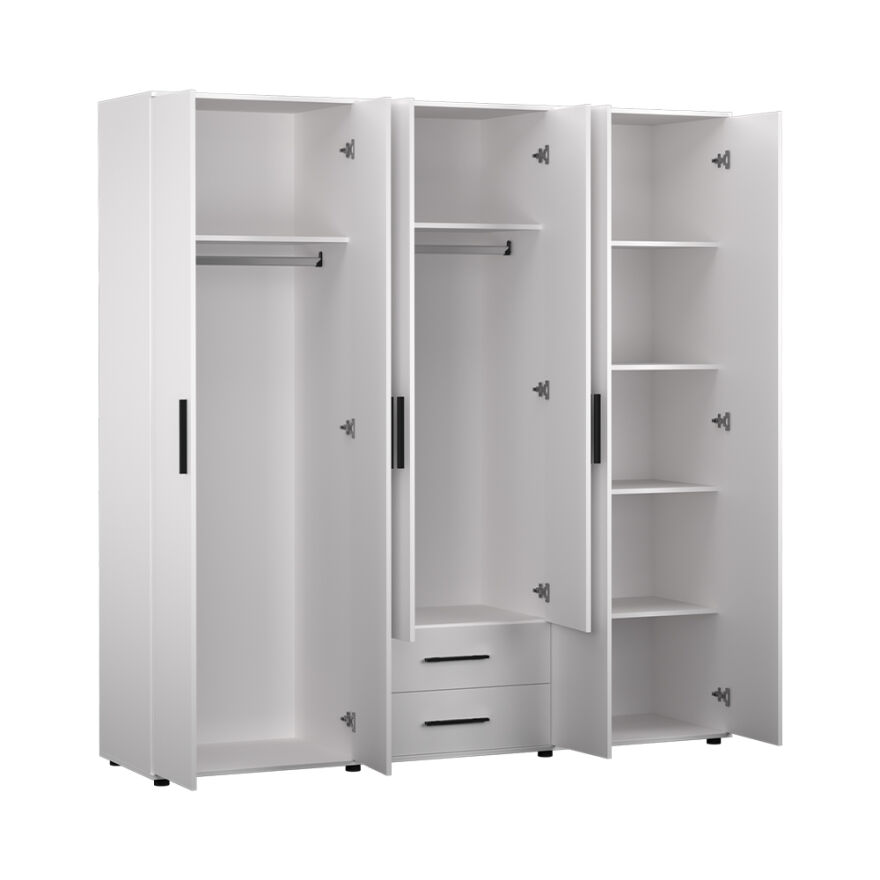 White 6 Kapaklı 2 Çekmeceli Gardırop-Mat Beyaz 206x213x52 cm (GxYxD) - 6