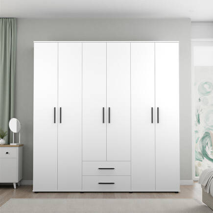 White 6 Kapaklı 2 Çekmeceli Gardırop-Mat Beyaz 206x213x52 cm (GxYxD) - 3